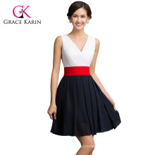 Grace Karin Ärmelloses Knielänge V-Ausschnitt Chiffon Schwarzes weißes Abendkleid CL7525